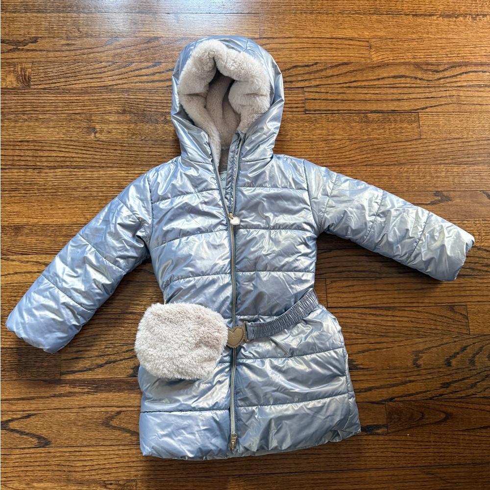 chic Silver Blue Puffer Coat with Faux Fur Hood